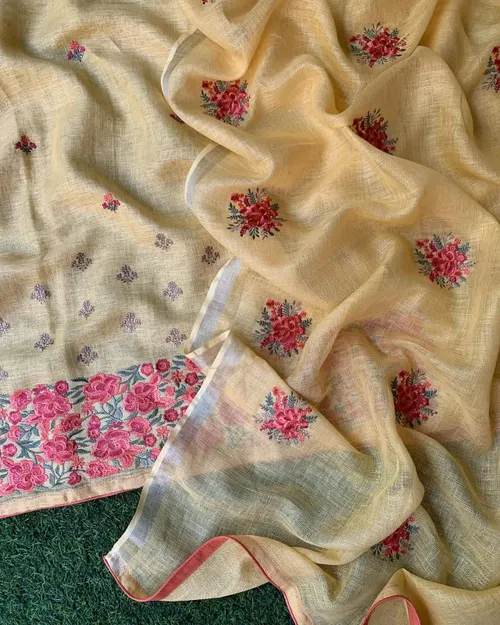 Pure Linen by Linen Floral Embroidery Work Unstitched Top Material with Matching Dupatta – Elegant Summer Wear for Women